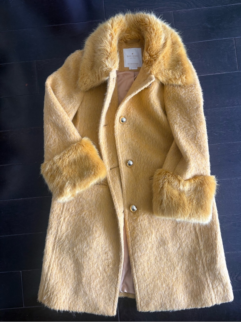 kate spade Mustard Faux-Fur Trim Mohair Blend Pea Coat - Picture 2 of 3